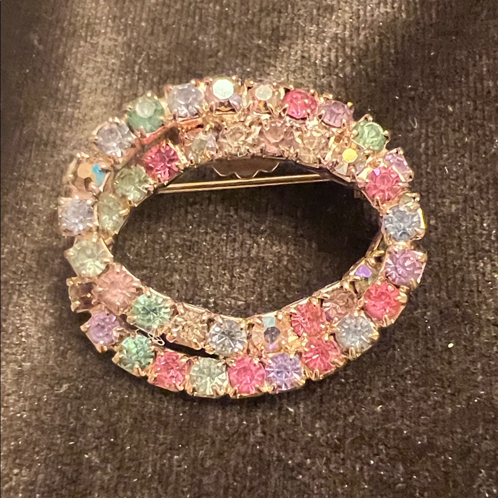 Vintage Pastel AB Rhinestone Oval Brooch -UV Glow!!